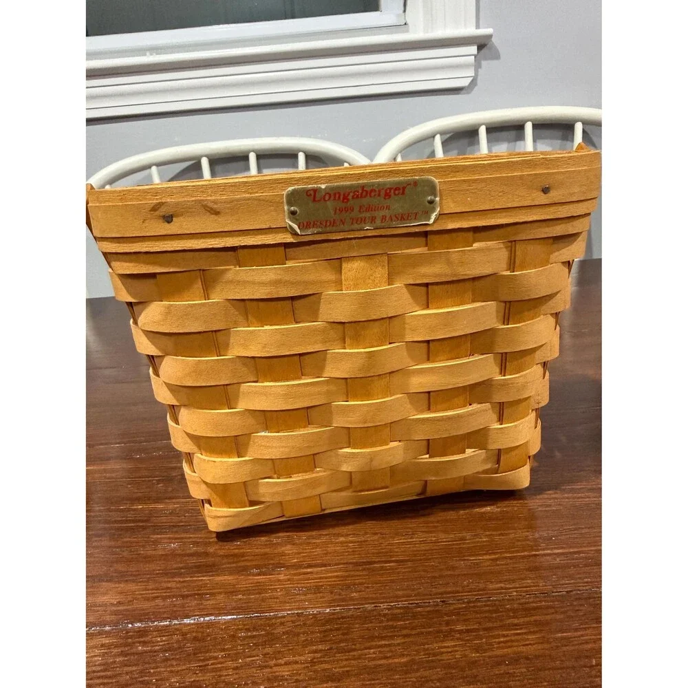Longaberger 1999 Edition Dresden Tour Basket Wood Swing Handle Metal Plaque Hand